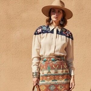 Vintage 80s Cedars Silk Nautical Embroidered Western Shirt Blouse Top Size 8